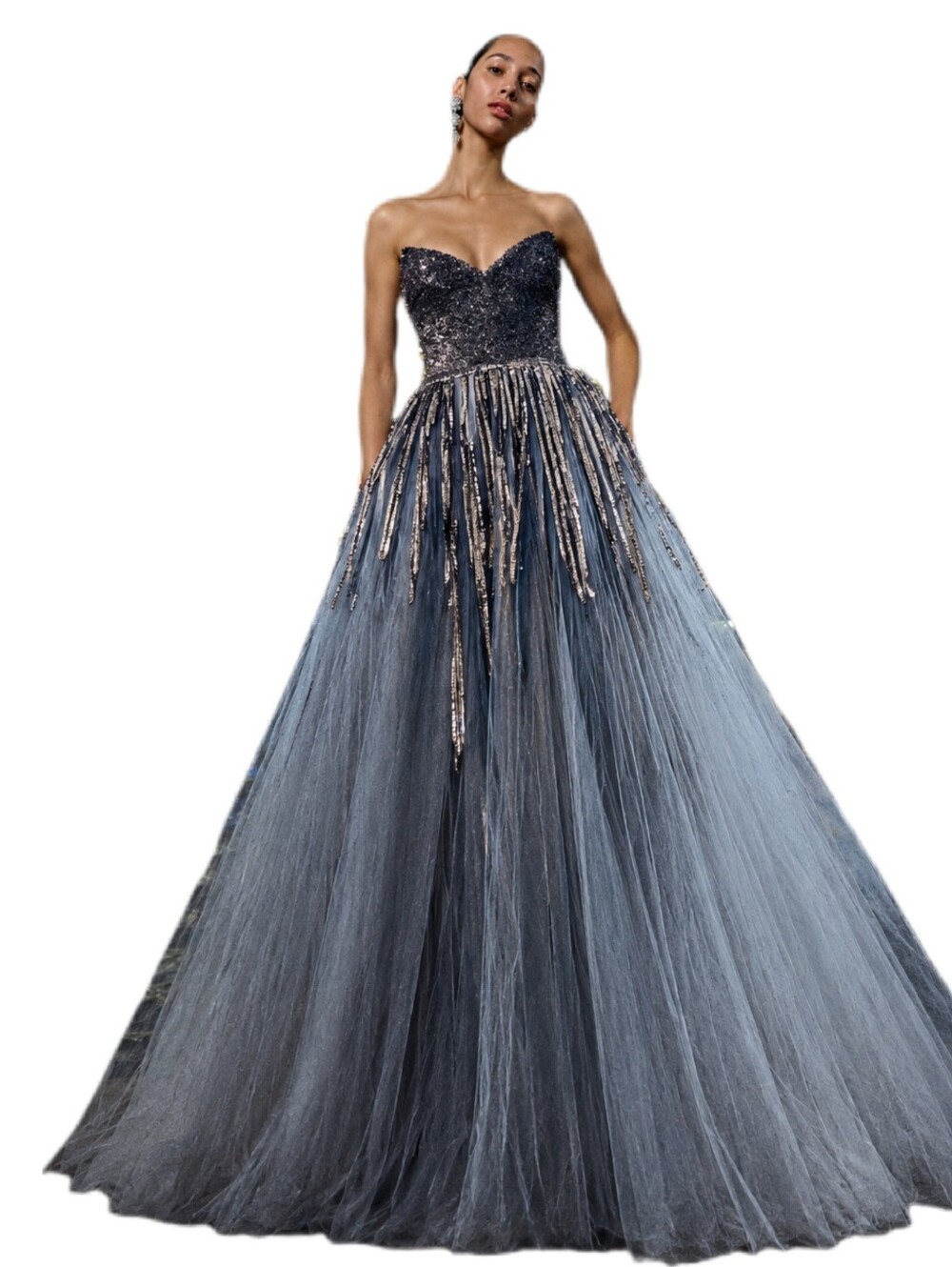 $13,900 NEW W. TAG OSCAR DE LA RENTA SLATE BLUE SILVER SEQUIN TULLE GOWN US 8 - Picture 6 of 12
